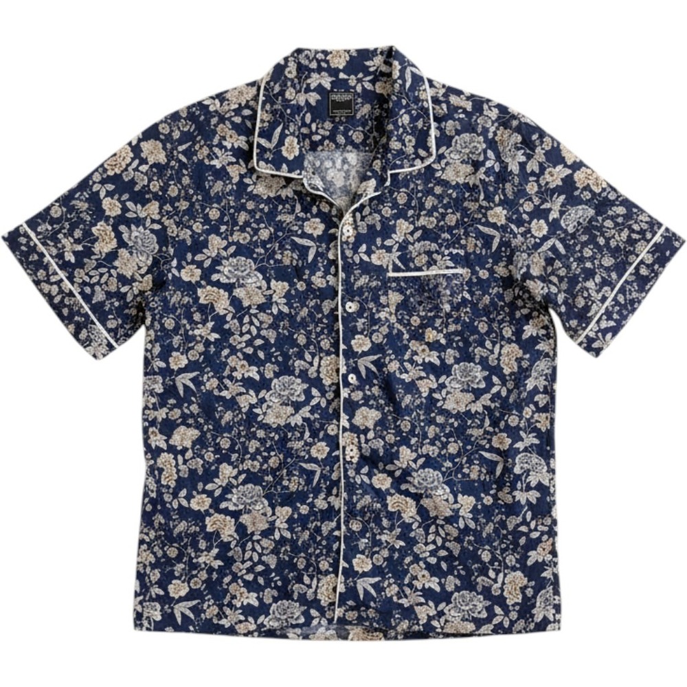 Todd Snyder Floral Camp Shirt Mens Large Blue Short Sleeve Pajama Style Cotton